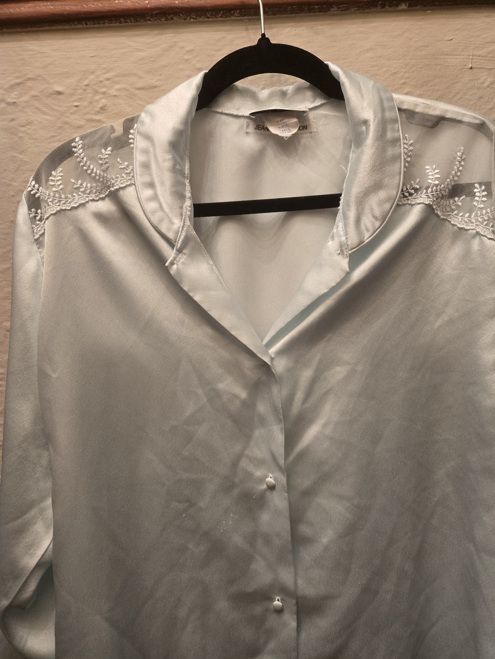 Vintage Satin Blouse Lace Sheer Shoulder Blue Cottagecore Romantic Top L XL - Picture 5 of 9